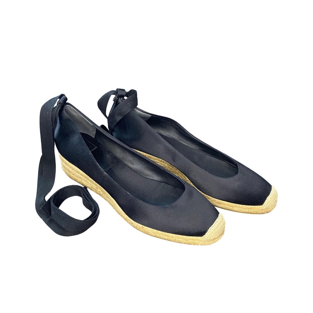 Tory Burch Black Satin Ankle Tie Espadrille Wedge Shoes Gold Logo Womens 11